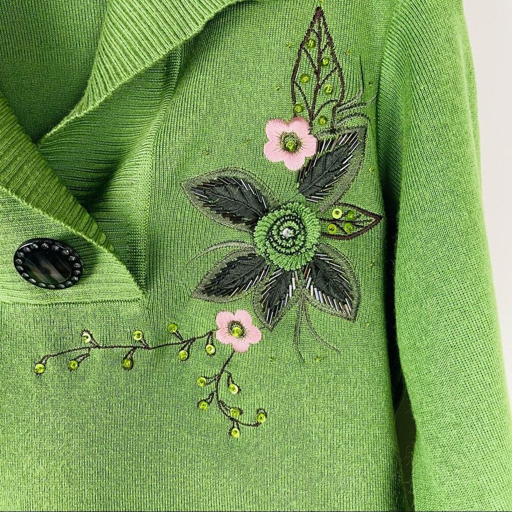 Vintage green floral embroider retro 60s 70s mod rockabilly sweater small medium - Picture 4 of 5